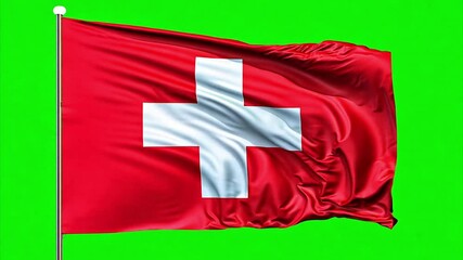 Switzerland national flag waving in the wind in slow motion against a chroma key green screen.