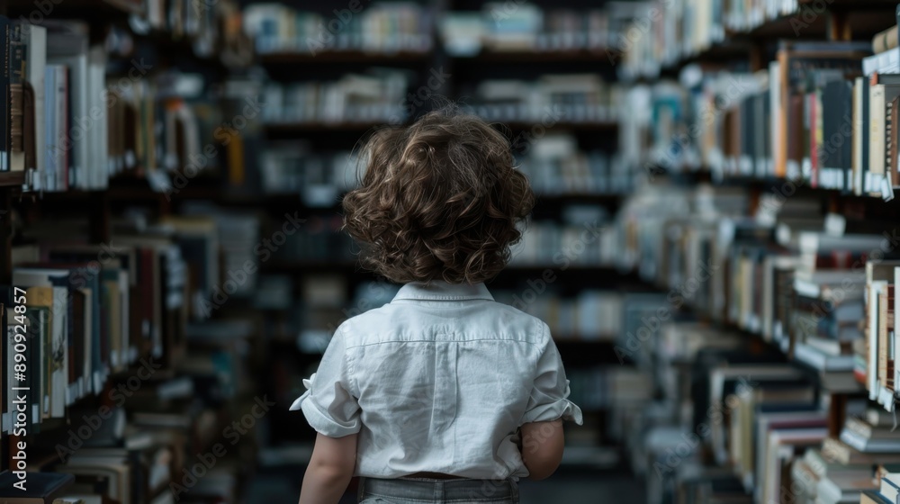 Poster a young child standing alone in a library, flanked by towering bookshelves filled with books. the ch