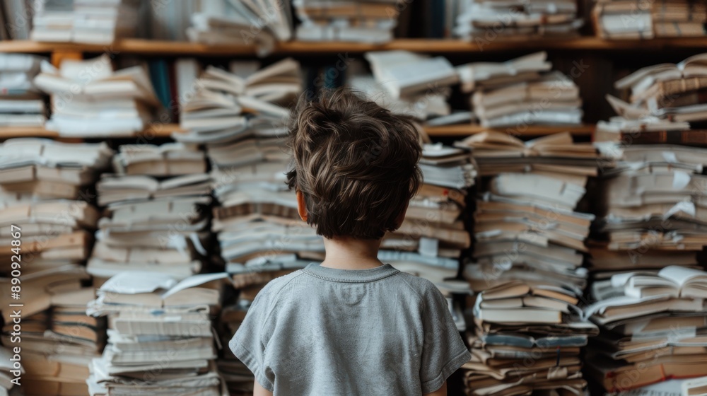 Poster a child stands in front of an intimidatingly large stack of assorted books, symbolizing the overwhel