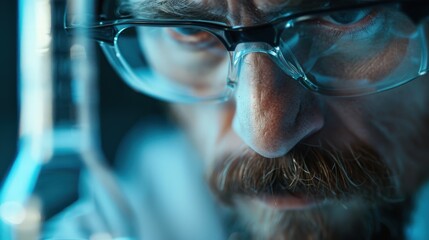 A laboratory scientist carefully examining a beaker filled with clear liquid, showcasing the critical observation necessary in scientific experiments and research processes.