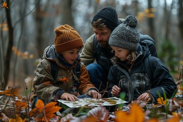 Family Exploring Autumn Forest With Leaf Guide