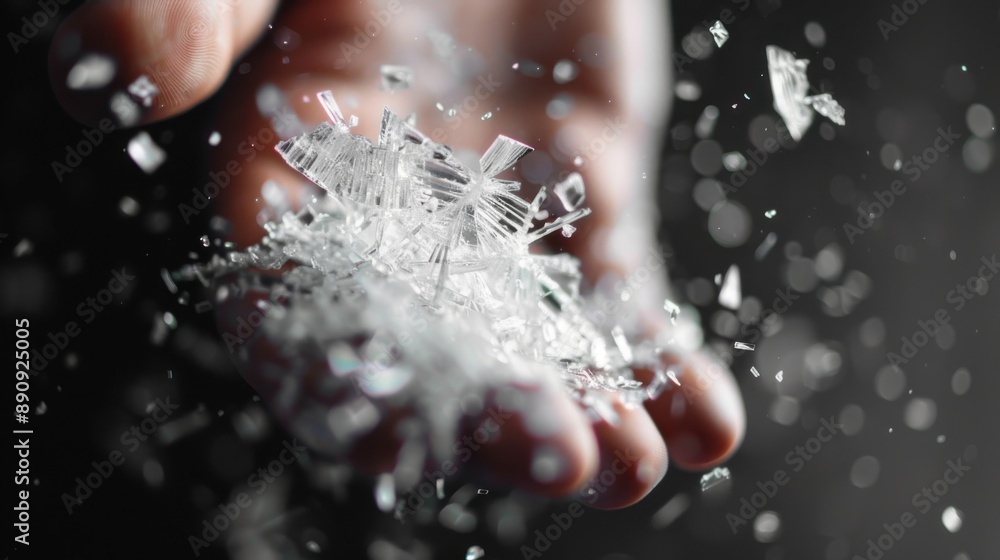 Poster an image depicting a hand holding and closely examining sharp glass shards against a dark background