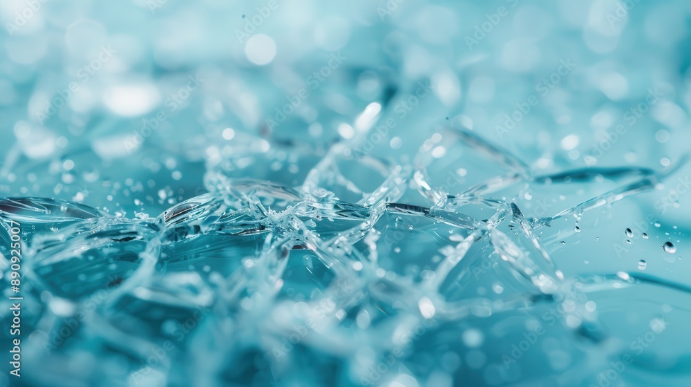 Poster a high-resolution macro image capturing sharp transparent glass fragments against a blue backdrop, h