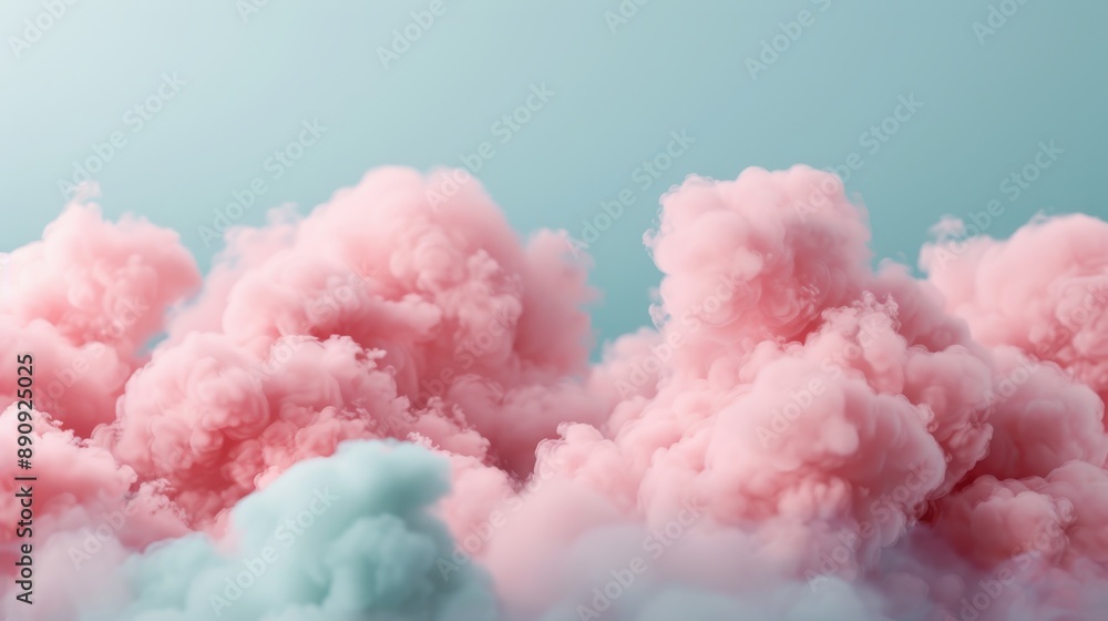 Poster a visually appealing image of soft pastel-colored dense pink clouds in the sky, creating a serene an