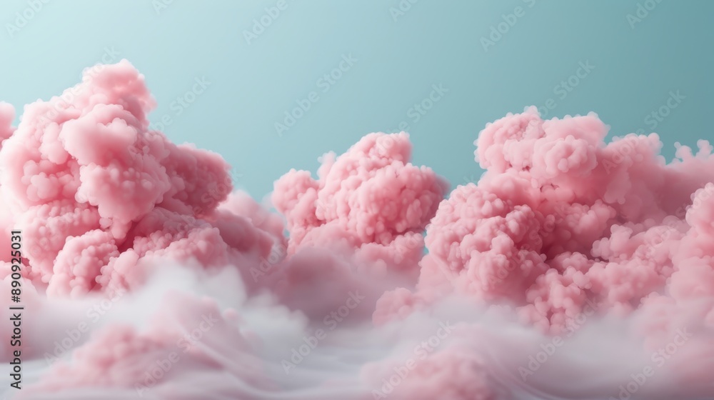 Poster a tranquil and visually captivating scene of pink clouds floating in a blue sky, creating a harmonio