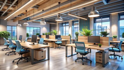 Modern open space office with programmers working at computers
