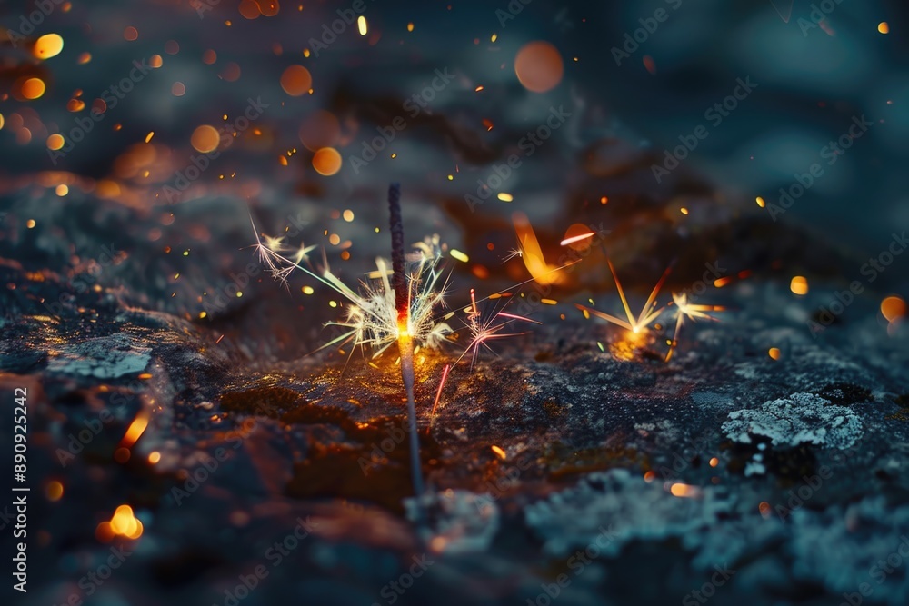 Poster a close-up view of a sparkler sitting on a rock