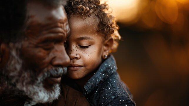 In a heartfelt moment, an old man with weathered features embraces a young boy, capturing an emotional connection and warmth as the sun sets in the background.