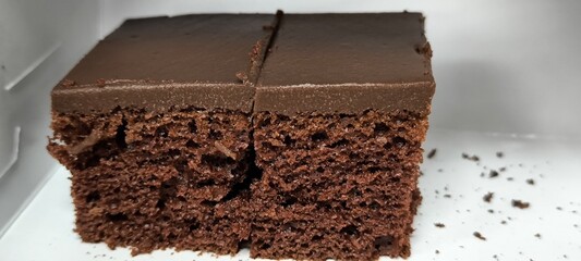 Chocolate cake on a white table