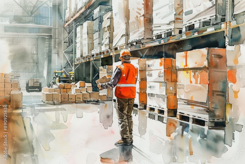 Poster a worker stands in a dimly lit warehouse, surrounded by crates and shelves