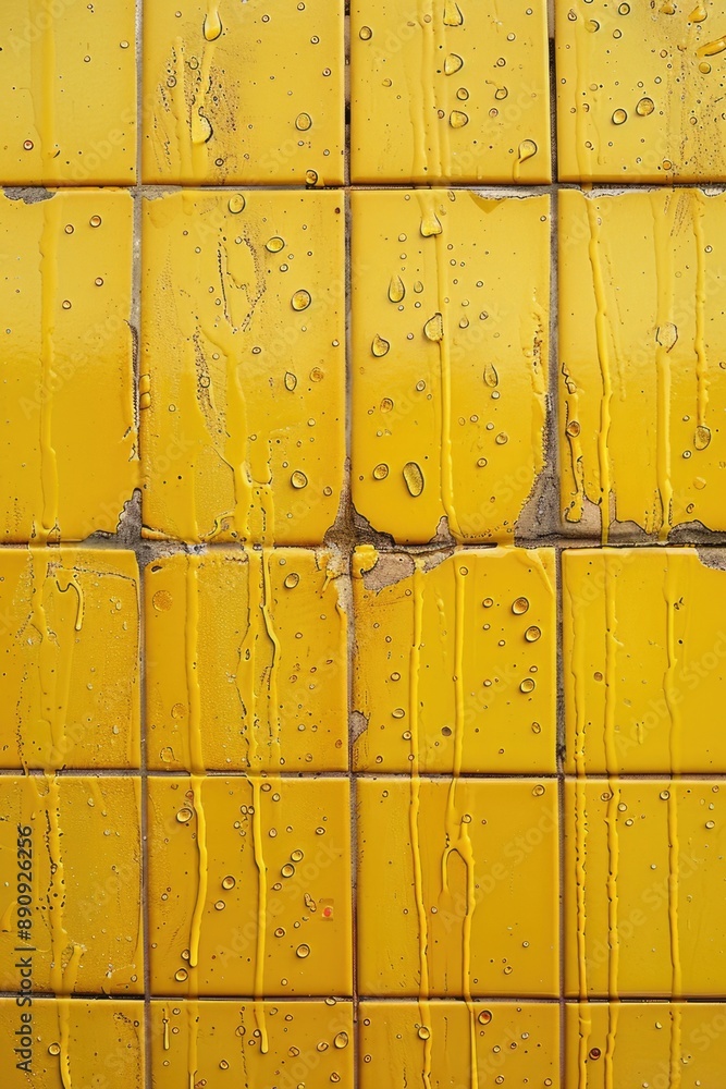 Poster A yellow tiled wall with raindrops creating a textured pattern