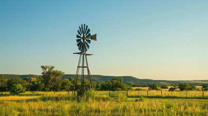 Traditional windmill set against a clear blue sky in a peaceful meadow