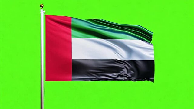 United Arab Emirates national flag waving in the wind in slow motion against a chroma key green screen.