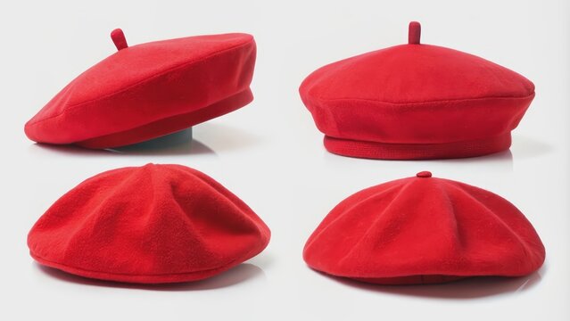 Red beret hat from different angles isolated on background. rendering, red, beret, hat, fashion, accessory, headwear