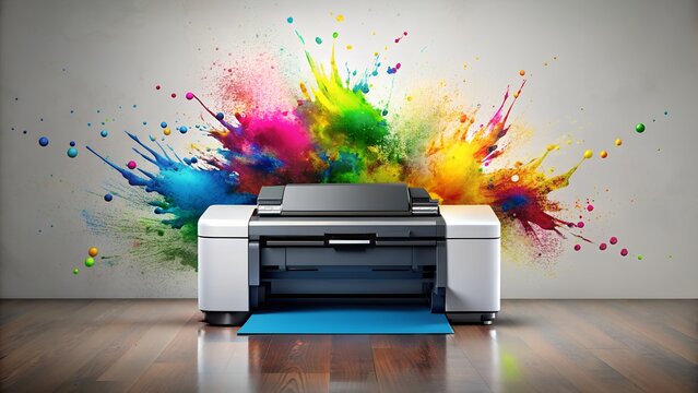 Professional digital printer exploding with vibrant colored ink powder on a white wall.