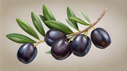 Olive branch with black olives and green leaves