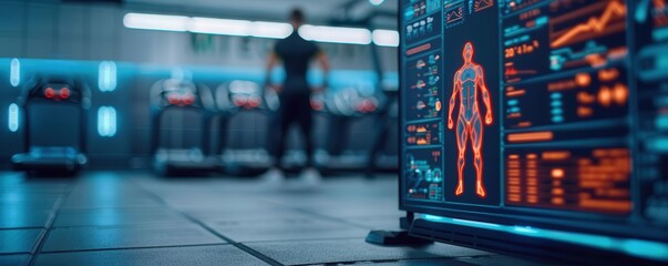 Futuristic fitness tracking, holographic workout interface, modern gym design, digital health