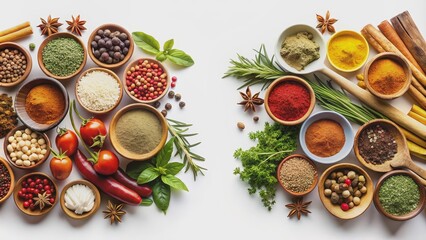 Top view of various herbs and spices isolated on white background, perfect ingredients for cooking healthy and flavorful dishes