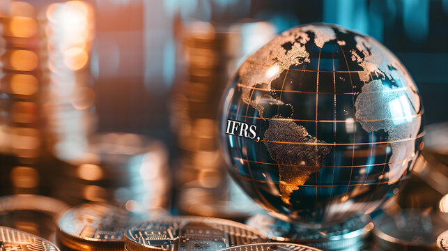 a globe inscribed with "IFRS" set against a background of stacked coins, International Financial Reporting Standards concept