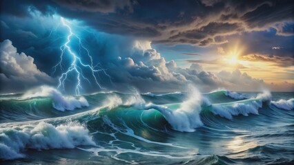 Fototapeta premium Dramatic stormy ocean with powerful waves, lightning, and wind , storm, ocean, force of nature, lightning, sea