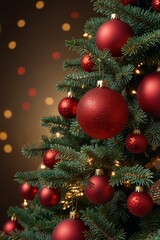 A Christmas tree decorated with red ornaments and twinkling lights