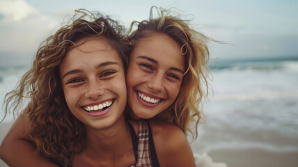Fototapeta premium Playful Beach Day: Friends Share a Laughter-Filled Moment on a Sunny Afternoon