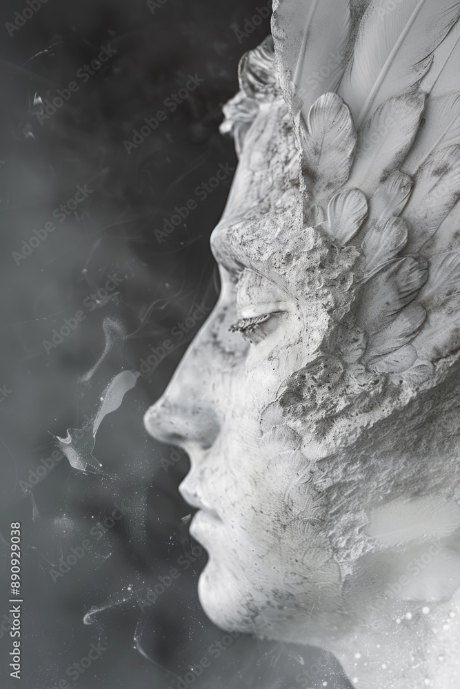 Poster Close-up view of a statue depicting a person with wings, suitable for use in fantasy or mythology-themed designs