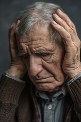 An Elderly Man Suffering From Parkinson's Disease Holds His Head in His Hand