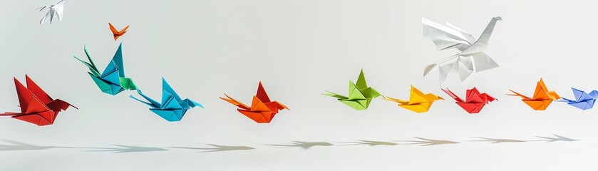 Colorful origami birds with one flying, side view, white background, concept of leadership and creativity