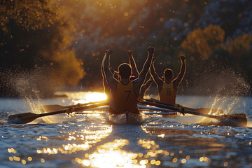 Rowing Team Celebrates Victory on Lake Canon at Sunset