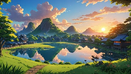 city skyline at night, sunset over the river, interior of a bedroom, waterfall in the mountains, fountain in the park, view of the city