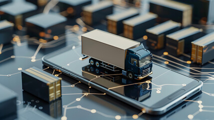 a Truck and Boxes on a Smartphone Screen with a Location Pin, integration of technology in modern logistics concept, Technology in Modern Logistics 