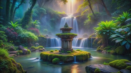 Serene atmospheric landscape features a misty waterfall with neon hues illuminating the surrounding lush greenery, spotlighting a stone pedestal awaiting meditation.