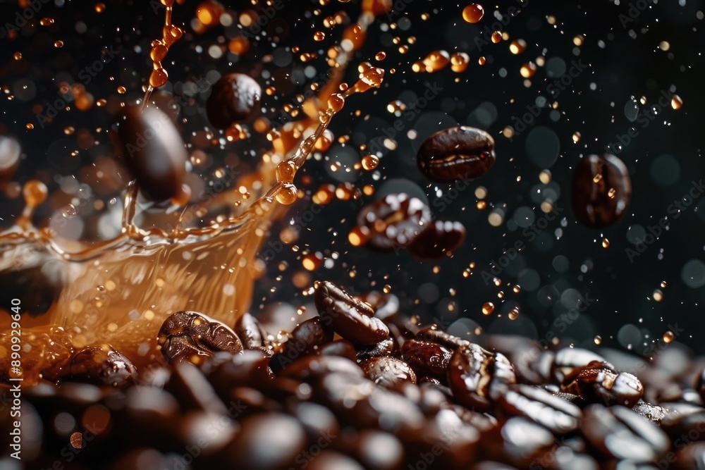 Poster a close-up view of coffee beans falling into a bowl of water, creating ripples and splashes