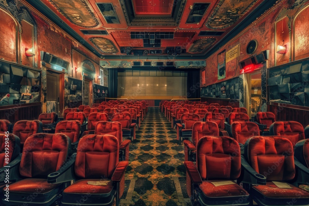Poster a shot of a traditional theater auditorium with rows of red seats leading up to the projector screen