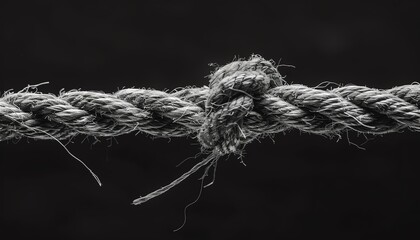 Frayed rope on the verge of snapping, black background, closeup, high contrast