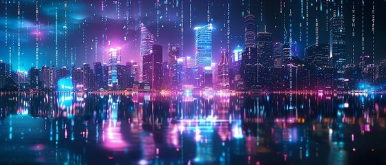 Fototapeta premium Futuristic cityscape with digital lines, wide view, night scene, concept of connectivity and technology