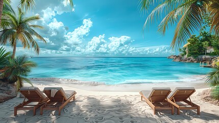 Tranquil retirement party invitation featuring an open area island resort with beach chairs with a writing space on the right side for retirement wishes and celebration details