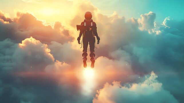 Person flying above clouds with jetpack, rear view, bright light, aspirational and futuristic adventure
