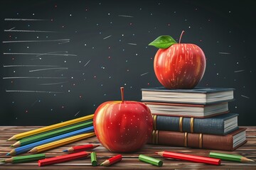 Red Apples and Colored Pencils Resting on Stacked Books Against Chalkboard
