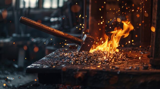 A person uses a hammer to create a fire, potentially for warmth or cooking purposes - Powered by Adobe