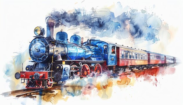 Watercolor illustration of vintage train, blue engine and red carriage, nostalgic and artistic