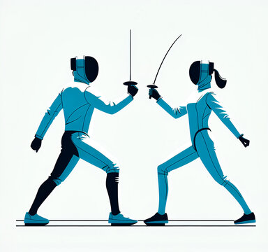 Vector illustration of two fencers having a fencing competition on a white background, minimalist style.