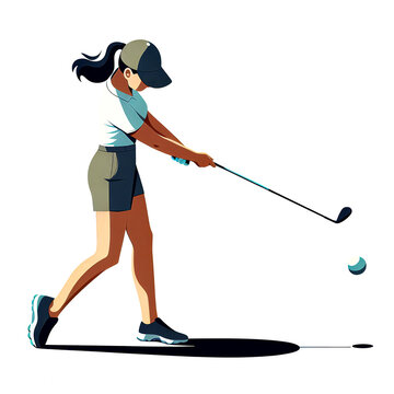 recommend clip art: Vector illustration of female golfer doing golf driving stroke on white background, minimalist style.