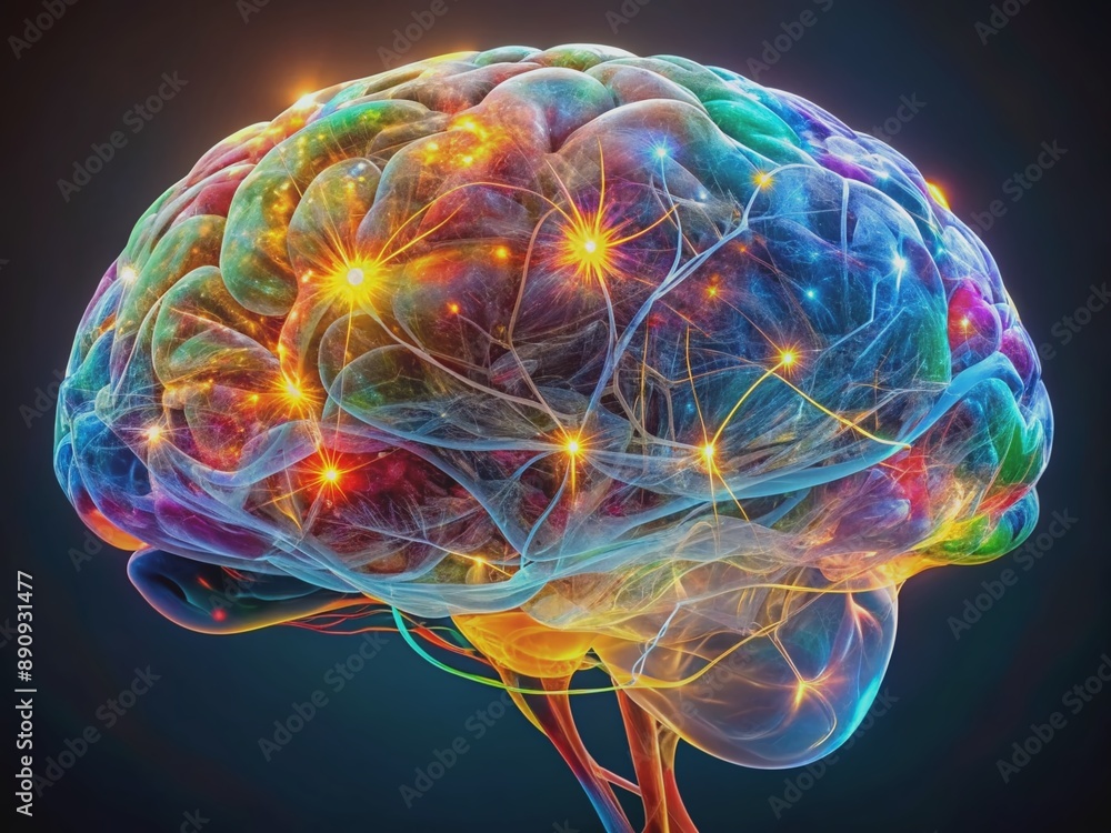 Poster vibrant neural pathways illuminate a transparent brain model, showcasing intricate connections and c