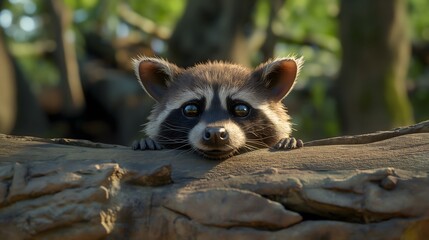 Fototapeta premium 14. A sweet 3D baby raccoon peeking out of a log