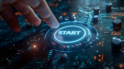 a hand pressing a futuristic, glowing "START" button, symbolizing the initiation of new projects or ideas.