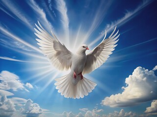 Obraz premium A solo white dove spreads its wings, flying upwards, symbolizing hope and serenity, against a bright blue sky with a few wispy clouds.