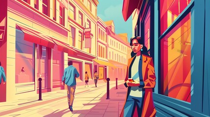 Obraz premium A woman in a red coat stands on a bustling city street, holding a cup of coffee.