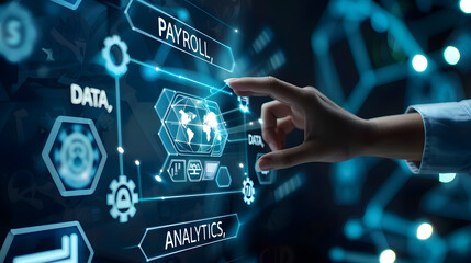A digital interface featuring various icons and gears, labeled with terms like "PAYROLL," "DATA," and "ANALYTICS," glows against a dark, high-tech background